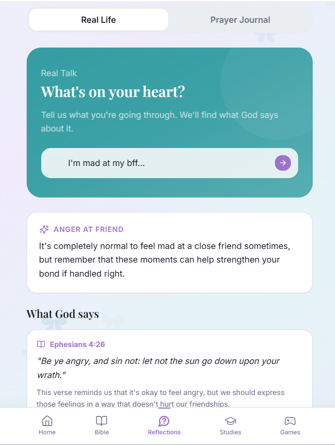 Reflections on iPad: browse topic pills including Anger, Friendship, and Self-Worth